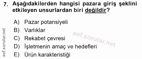 7. soru: Aşağıdakilerden hangisi pazara giriş şeklini etkileyen unsurlardan biri değildir? A) Pazar potansiyeli B) Varlıklar C…