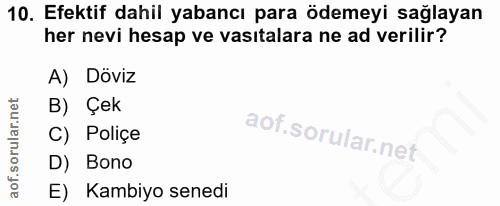 10. soru: Efektif dahil yabancı para ödemeyi sağlayan her nevi hesap ve vasıtalara ne ad verilir? A) Döviz B) Çek C) Poliçe D)…