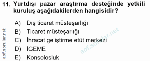 11. soru: Yurtdışı pazar araştırma desteğinde yetkili kuruluş aşağıdakilerden hangisidir? A) Dış ticaret müsteşarlığı B) Ticare…