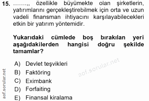 15. soru: özellikle büyümekte olan şirketlerin, yatırımlarını gerçekleştirebilmek için orta ve uzun vadeli finansman ihtiyacını…