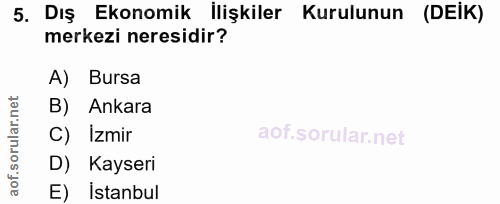 5. soru: Dış Ekonomik İlişkiler Kurulunun (DEİK) merkezi neresidir? A) Bursa B) Ankara C) İzmir D) Kayseri E) İstanbul