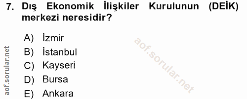 7. soru: Dış Ekonomik İlişkiler Kurulunun (DEİK) merkezi neresidir? A) Izmir B) Istanbul C) Kayseri D) Bursa E) Ankara