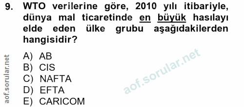 9. soru: WTO verilerine göre, 2010 yılı itibariyle, dünya mal ticaretinde en büyük hasılayı elde eden ülke grubu aşağıdakilerd…