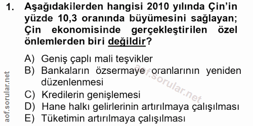 1. soru: Aşağıdakilerden hangisi 2010 yılında Çin'in yüzde 10,3 oranında büyümesini sağlayan; Çin ekonomisinde gerçekleştirile…