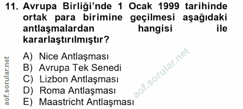 11. soru: Avrupa Birliği'nde 1 Ocak 1999 tarihinde ortak para birimine geçilmesi aşağıdaki antlaşmalardan hangisi ile kararlaşt…