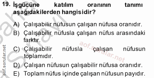 19. soru: İşgücüne katılım oranının tanımı aşağıdakilerden hangisidir? A) Çalışabilir nüfusun çalışan nüfusa oranıdır. B) Çalış…