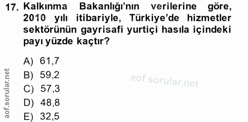 17. soru: Kalkınma Bakanlığı'nın verilerine göre, 2010 yılı itibariyle, Türkiye'de hizmetler sektörünün gayrisafi yurtiçi hasıl…