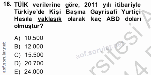 16. soru: TÜİK verilerine göre, 2011 yılı itibariyle Türkiye'de Kişi Başına Gayrisafi Yurtiçi Hasıla yaklaşık olarak kaç ABD do…