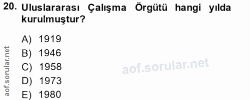 20. soru: Uluslararası Çalışma Örgütü hangi yılda kurulmuştur? A) 1919 B) 1946 C) 1958 D) 1973 E) 1980