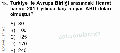 13. soru: Türkiye ile Avrupa Birliği arasındaki ticaret hacmi 2010 yılında kaç milyar ABD doları olmuştur? A) 80 B) 100 C) 125…