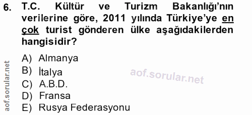 6. soru: T.C. Kültür ve Turizm Bakanlığı'nın verilerine göre, 2011 yılında Türkiye'ye en çok turist gönderen ülke aşağıdakiler…
