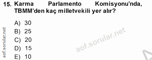 15. soru: Karma Parlamento Komisyonu'nda, TBMM'den kaç milletvekili yer alır? A) 30 B) 25 C) 20 D) 15 E) 10