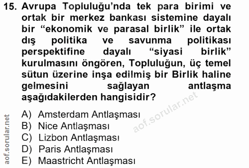 15. soru: Avrupa Topluluğu'nda tek para birimi ve ortak bir merkez bankası sistemine dayalı bir "ekonomik ve parasal birlik" il…