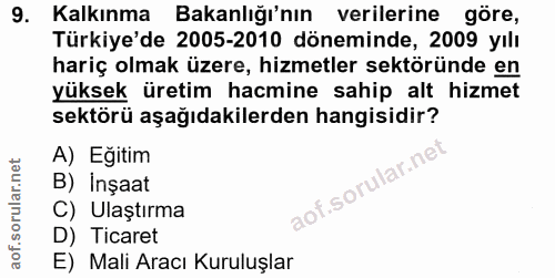 9. soru: Kalkınma Bakanlığı'nın verilerine göre, Türkiye'de 2005-2010 döneminde, 2009 yılı hariç olmak üzere, hizmetler sektör…