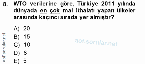 8. soru: WTO verilerine göre, Türkiye 2011 yılında dünyada en çok mal ithalatı yapan ülkeler arasında kaçıncı sırada yer almış…