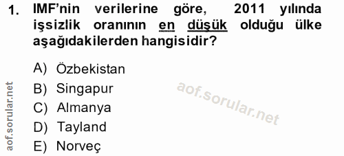 1. soru: IMF'nin verilerine göre, 2011 yılında işsizlik oranının en düşük olduğu ülke aşağıdakilerden hangisidir? A) Özbekista…
