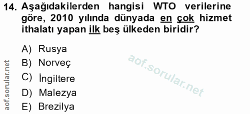 14. soru: Aşağıdakilerden hangisi WTO verilerine göre, 2010 yılında dünyada en çok hizmet ithalatı yapan ilk beş ülkeden biridi…