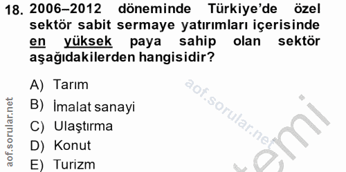18. soru: 2006-2012 döneminde Türkiye'de özel sektör sabit sermaye yatırımları içerisinde en yüksek paya sahip olan sektör aşağ…