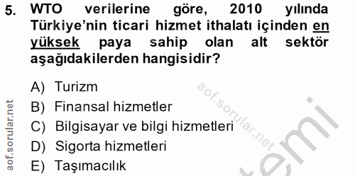 5. soru: WTO verilerine göre, 2010 yılında Türkiye'nin ticari hizmet ithalatı içinden en yüksek paya sahip olan alt sektör aşa…