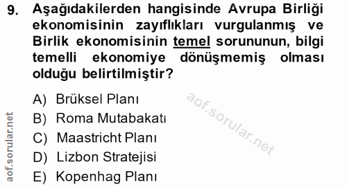 9. soru: Aşağıdakilerden hangisinde Avrupa Birliği ekonomisinin zayıflıkları vurgulanmış ve Birlik ekonomisinin temel sorununu…