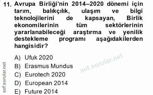11. soru: Avrupa Birliği'nin 2014-2020 dönemi için tarim, balıkçılık, ulaşım ve bilgi teknolojilerini de kapsayan, Birlik ekono…