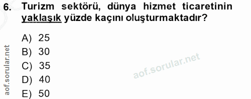 6. soru: Turizm sektörü, dünya hizmet ticaretinin yaklaşık yüzde kaçını oluşturmaktadır? A) 25 B) 30 C) 35 D) 40 E) 50