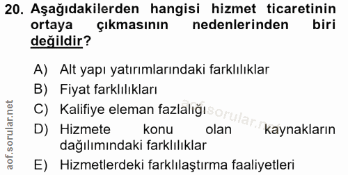 20. soru: Aşağıdakilerden hangisi hizmet ticaretinin ortaya çıkmasının nedenlerinden biri değildir? A) Alt yapı yatırımlarındak…