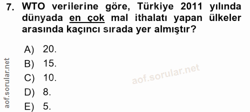 7. soru: WTO verilerine göre, Türkiye 2011 yılında dünyada en çok mal ithalatı yapan ülkeler arasında kaçıncı sırada yer almış…