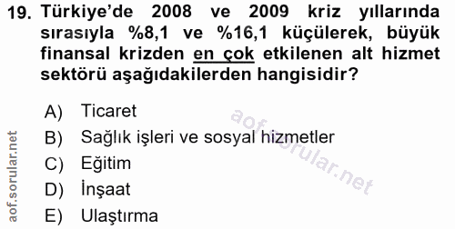 19. soru: Türkiye'de 2008 ve 2009 kriz yıllarında sırasıyla %8,1 ve %16,1 küçülerek, büyük finansal krizden en çok etkilenen al…