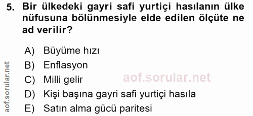 5. soru: Bir ülkedeki gayri safi yurtiçi hasılanın ülke nüfusuna bölünmesiyle elde edilen ölçüte ne ad verilir? A) Büyüme hızı…