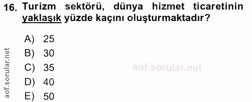 16. soru: Turizm sektörü, dünya hizmet ticaretinin yaklaşık yüzde kaçını oluşturmaktadır? A) 25 B) 30 C) 35 D) 40 E) 50