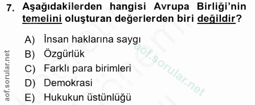 7. soru: Aşağıdakilerden hangisi Avrupa Birliği'nin temelini oluşturan değerlerden biri değildir? A) Insan haklarına saygı B)…