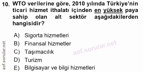 10. soru: WTO verilerine göre, 2010 yılında Türkiye'nin ticari hizmet ithalatı içinden en yüksek paya sahip olan alt sektör aşa…