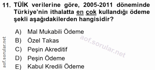 11. soru: TUIK verilerine göre, 2005-2011 döneminde Türkiye'nin ithalatta en çok kullandığı ödeme şekli aşağıdakilerden hangisi…