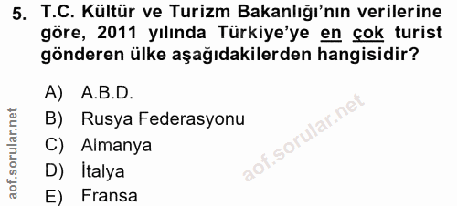 5. soru: T.C. Kültür ve Turizm Bakanlığı'nın verilerine göre, 2011 yılında Türkiye'ye en çok turist gönderen ülke aşağıdakiler…
