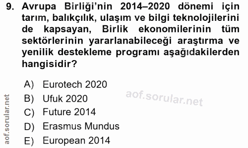 9. soru: Avrupa Birliği'nin 2014-2020 dönemi için tarım, balıkçılık, ulaşım ve bilgi teknolojilerini de kapsayan, Birlik ekono…