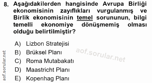 8. soru: Aşağıdakilerden hangisinde Avrupa Birliği ekonomisinin zayıflıkları vurgulanmış ve Birlik ekonomisinin temel sorununu…