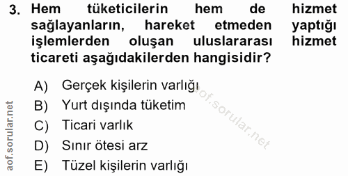 3. soru: Hem tüketicilerin hem de hizmet sağlayanların, hareket etmeden yaptığı işlemlerden oluşan uluslararası hizmet ticaret…