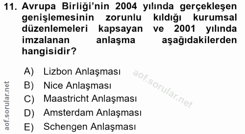 11. soru: Avrupa Birliği'nin 2004 yılında gerçekleşen genişlemesinin zorunlu kıldığı kurumsal düzenlemeleri kapsayan ve 2001 yı…