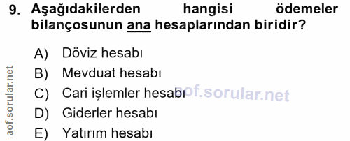 9. soru: Aşağıdakilerden hangisi ödemeler bilançosunun ana hesaplarından biridir? A) Döviz hesabı B) Mevduat hesabı C) Cari iş…