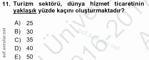 11. soru: Turizm sektörü, dünya hizmet ticaretinin yaklaşık yüzde kaçını oluşturmaktadır? A) 25 30 naof.st 35 40 •net E) 50