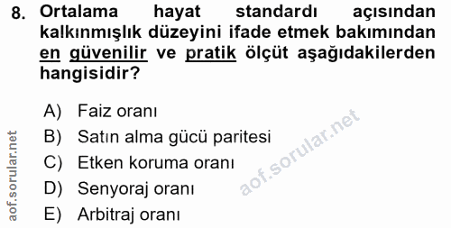 8. soru: Ortalama hayat standardı açısından kalkınmışlık düzeyini ifade etmek bakımından en güvenilir ve pratik ölçüt aşağıdak…