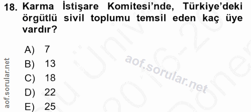 18. soru: Karma İstişare Komitesi'nde, Türkiye'deki örgütlü sivil toplumu temsil eden kaç üye vardır? A) 7 13 C) 18 D) 22 E) 25