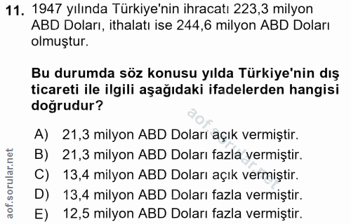 11. soru: 1947 yılında Türkiye'nin ihracatı 223,3 milyon ABD Doları, ithalatı ise 244,6 milyon ABD Doları olmuştur. Bu durumda…