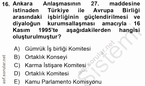 16. soru: Ankara Anlaşmasının 27. maddesine istinaden Türkiye ile Avrupa Birliği arasındaki işbirliğinin güçlendirilmesi ve diy…