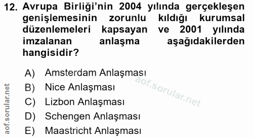 12. soru: Avrupa Birliği'nin 2004 yılında gerçekleşen genişlemesinin zorunlu kıldığı kurumsal düzenlemeleri kapsayan ve 2001 yı…