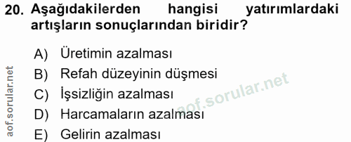20. soru: Aşağıdakilerden hangisi yatırımlardaki artışların sonuçlarından biridir? A) Uretimin azalması B) Refah düzeyinin düşm…