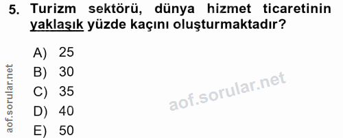 5. soru: Turizm sektörü, dünya hizmet ticaretinin yaklaşık yüzde kaçını oluşturmaktadır? A) 25 B) 30 C) 35 D) 40 E) 50