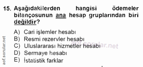 15. soru: Aşağıdakilerden hangisi ödemeler bilançosunun ana hesap gruplarından biri değildir? A) Cari işlemler hesabı B) Resmi…