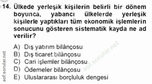 14. soru: Ülkede yerleşik kişilerin belirli bir dönem boyunca, yabancı ülkelerde yerleşik kişilerle yaptıkları tüm ekonomik işl…